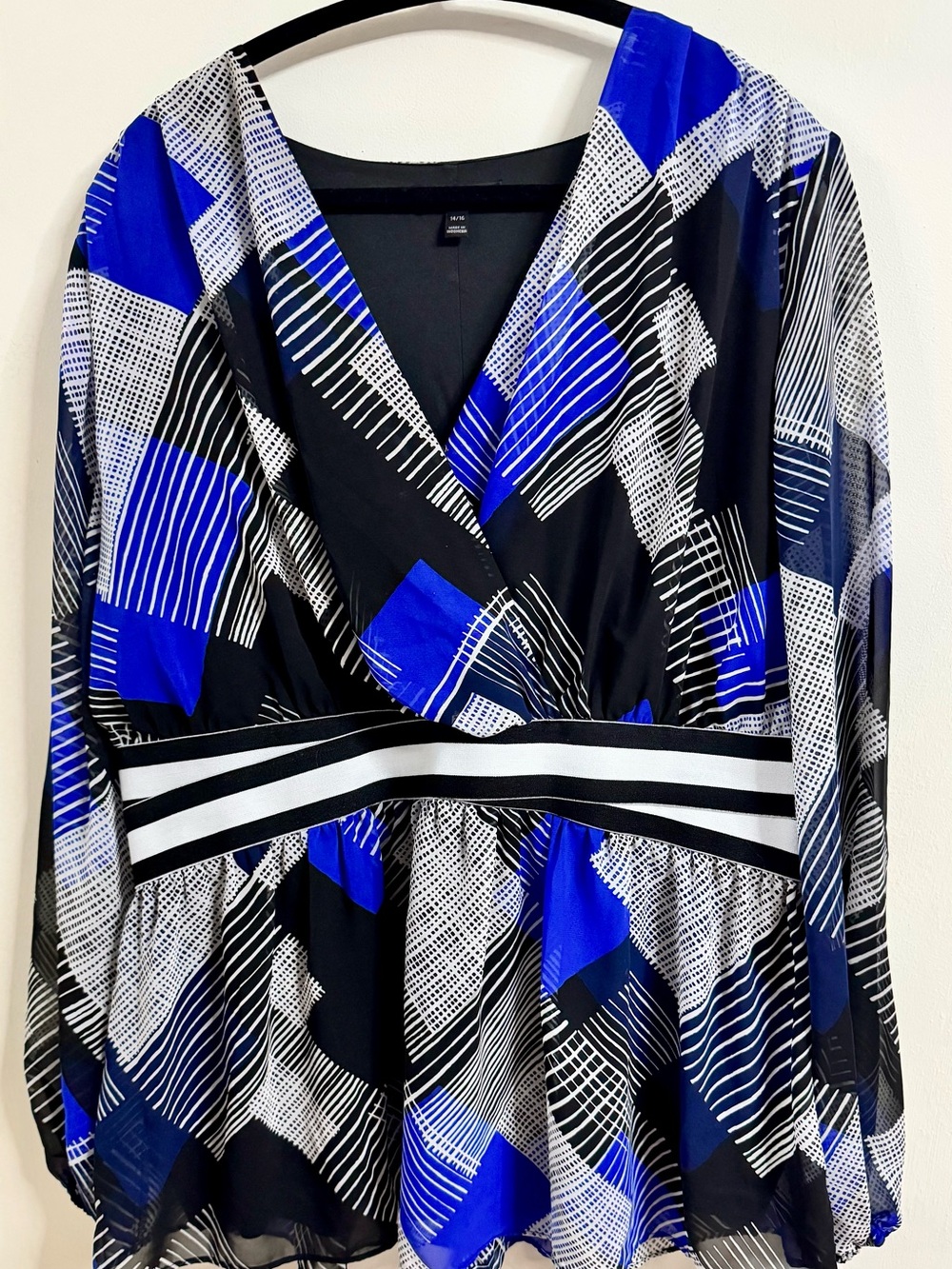 Lane Bryant Sheer V-Neck Blouse with Electric Blue & Black Geometric Print